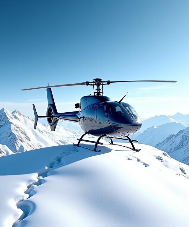 Ein Helikopter landet auf einem schneebedeckten Gipfel für ein exklusives Erlebnis.