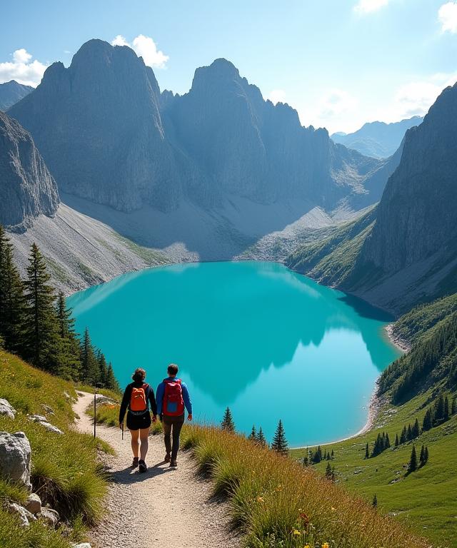 Wanderer auf einem Bergpfad mit Blick auf einen türkisfarbenen Alpensee.