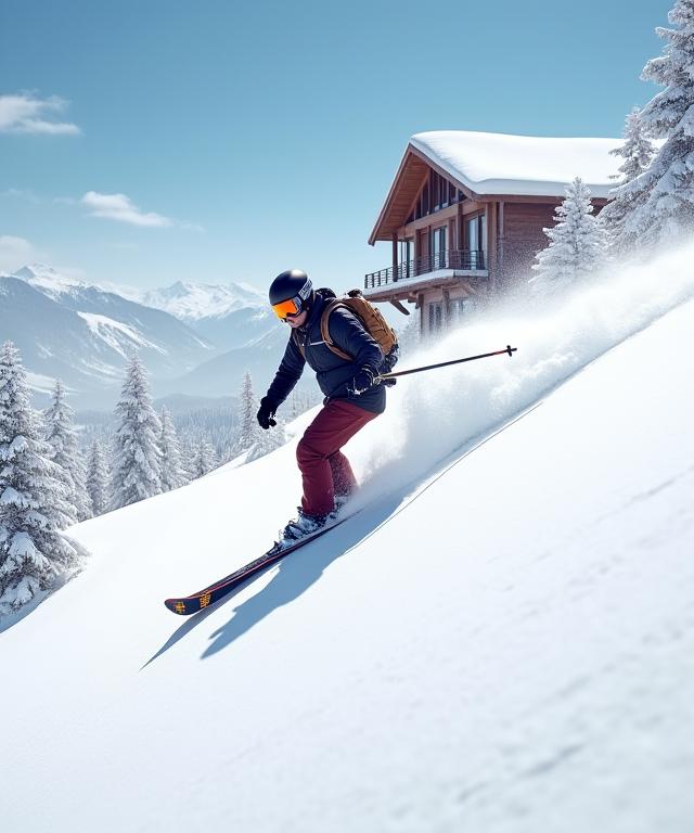 Ein Skifahrer fährt eine präparierte Piste hinunter, mit dem Resort im Hintergrund.