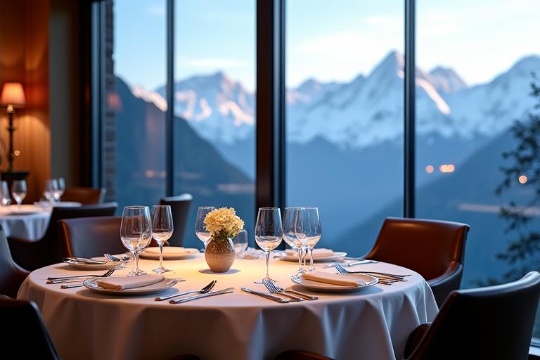 Ein elegant gedeckter Tisch im Gourmet-Restaurant Cima mit Blick auf die Berge.