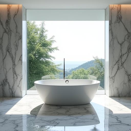 Grosses Marmorbad mit freistehender Badewanne und Blick nach draussen.