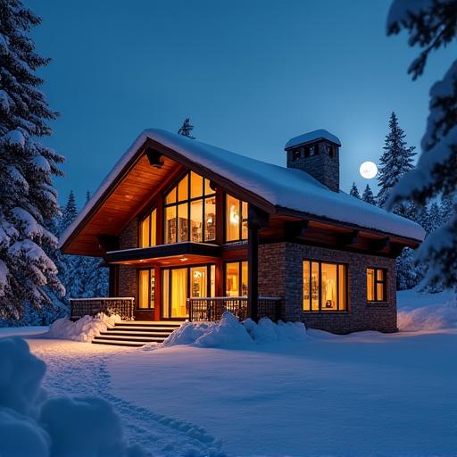 Ein modernes, doch rustikales Alpenchalet im Schnee bei Nacht.
