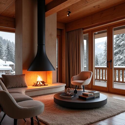 Gemütliches Wohnzimmer eines Chalets mit Kamin und Designermöbeln.