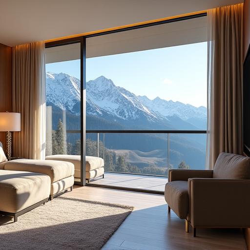 Luxuriöse Suite mit bodentiefen Fenstern und Balkon mit Bergblick.